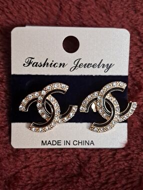 Fashion Jewelry Gold-Tone Crystal Interlocking Logo Stud Earrings